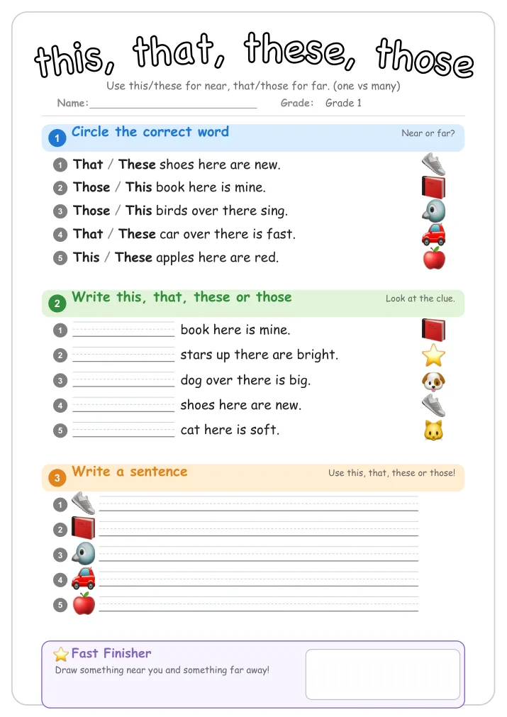 this, that, these, those grammar worksheet for Grade 1