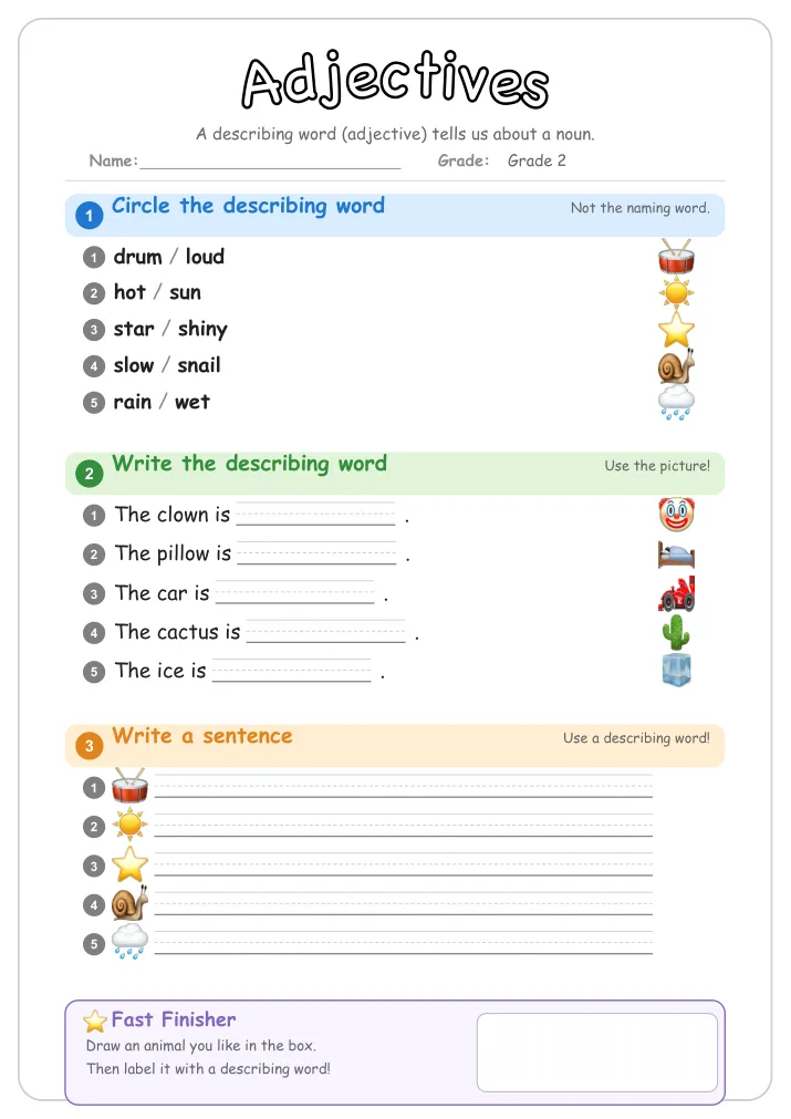 Adjectives grammar worksheet for Grade 2