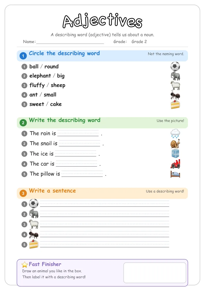 Adjectives grammar worksheet for Grade 2