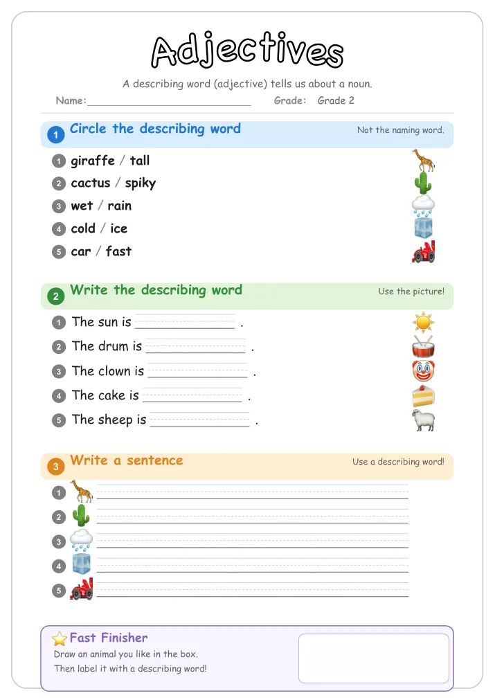 Adjectives grammar worksheet for Grade 2