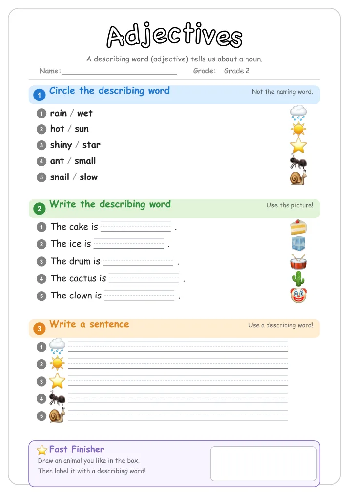 Adjectives grammar worksheet for Grade 2