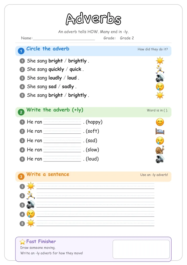 Adverbs grammar worksheet for Grade 2