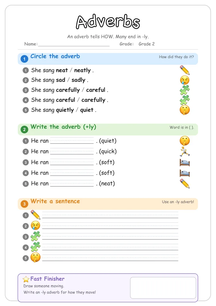 Adverbs grammar worksheet for Grade 2