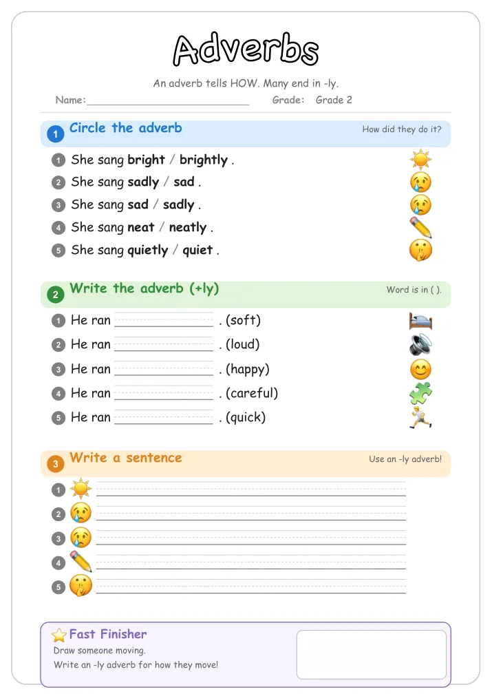 Adverbs grammar worksheet for Grade 2