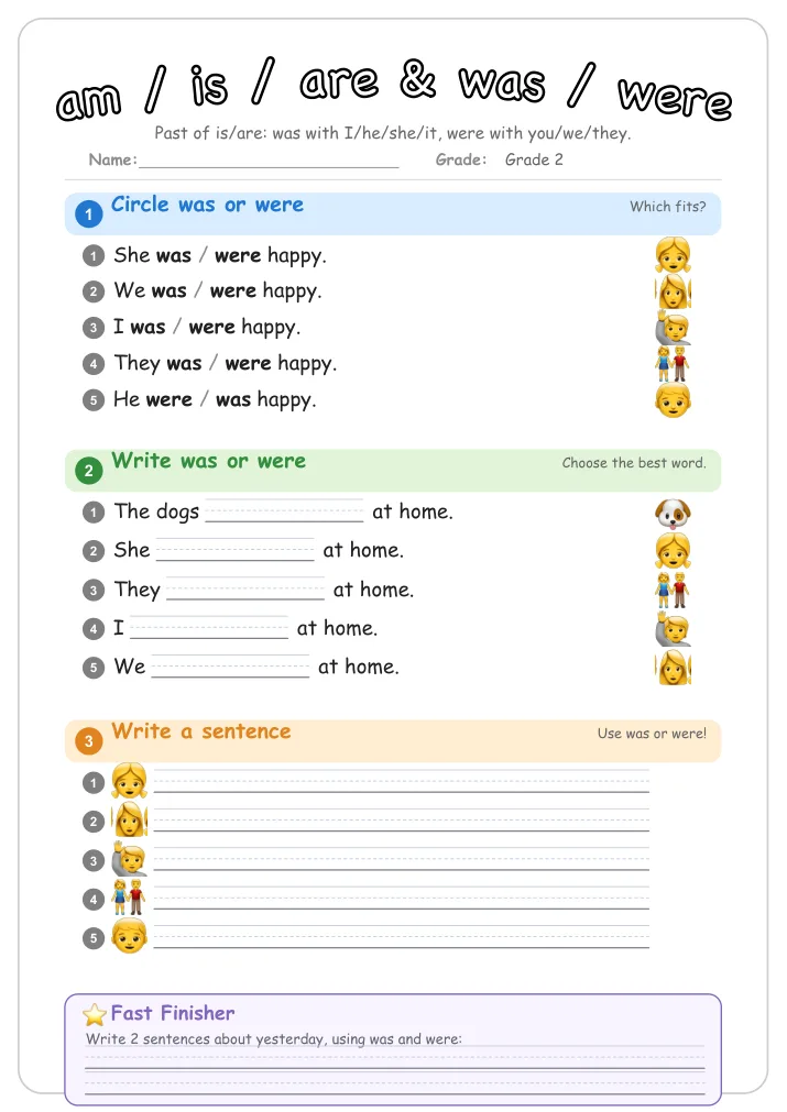am / is / are & was / were grammar worksheet for Grade 2