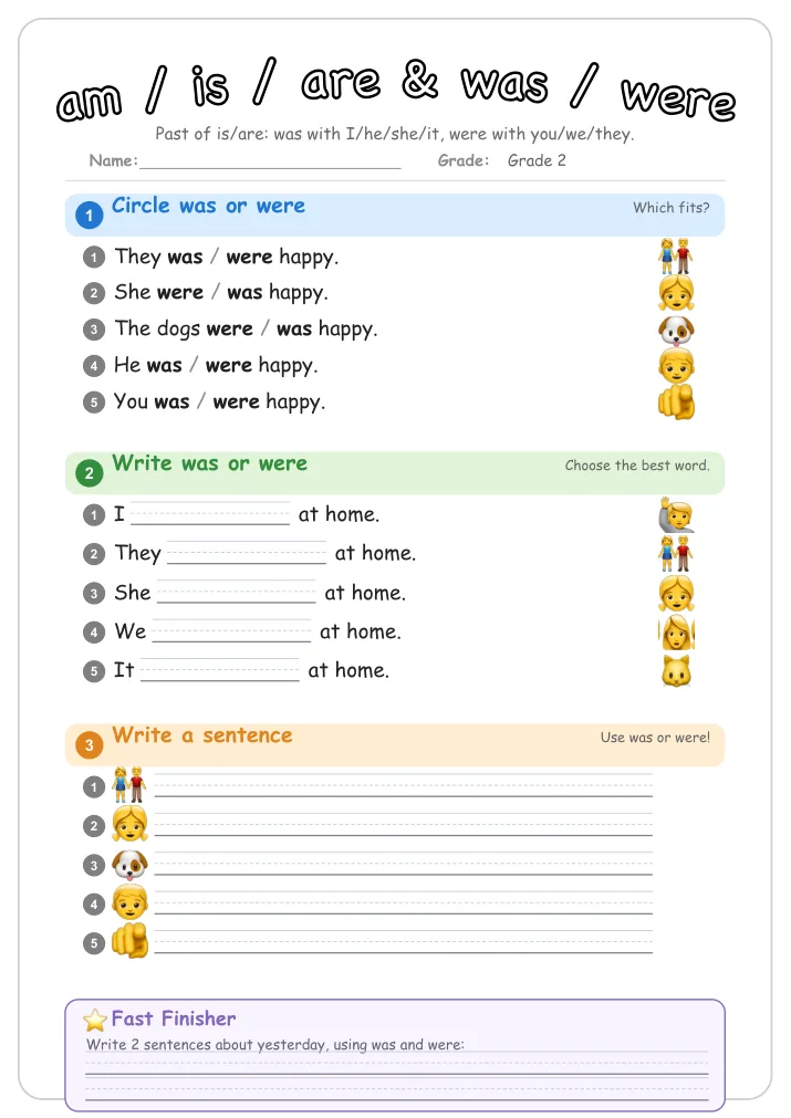 am / is / are & was / were grammar worksheet for Grade 2