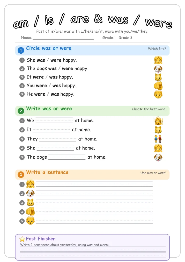 am / is / are & was / were grammar worksheet for Grade 2