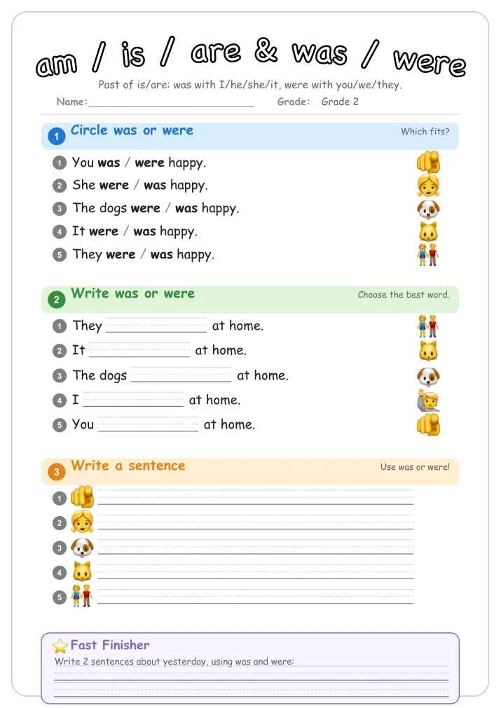 am / is / are & was / were grammar worksheet for Grade 2
