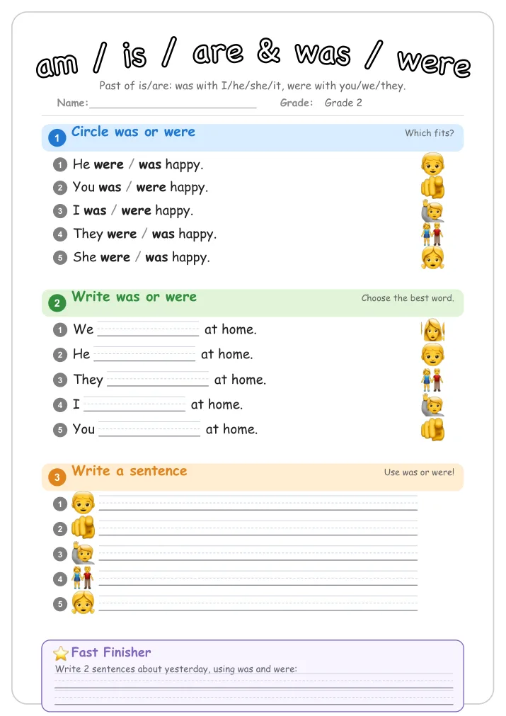 am / is / are & was / were grammar worksheet for Grade 2