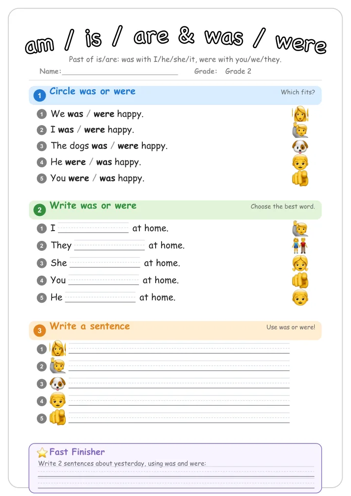 am / is / are & was / were grammar worksheet for Grade 2