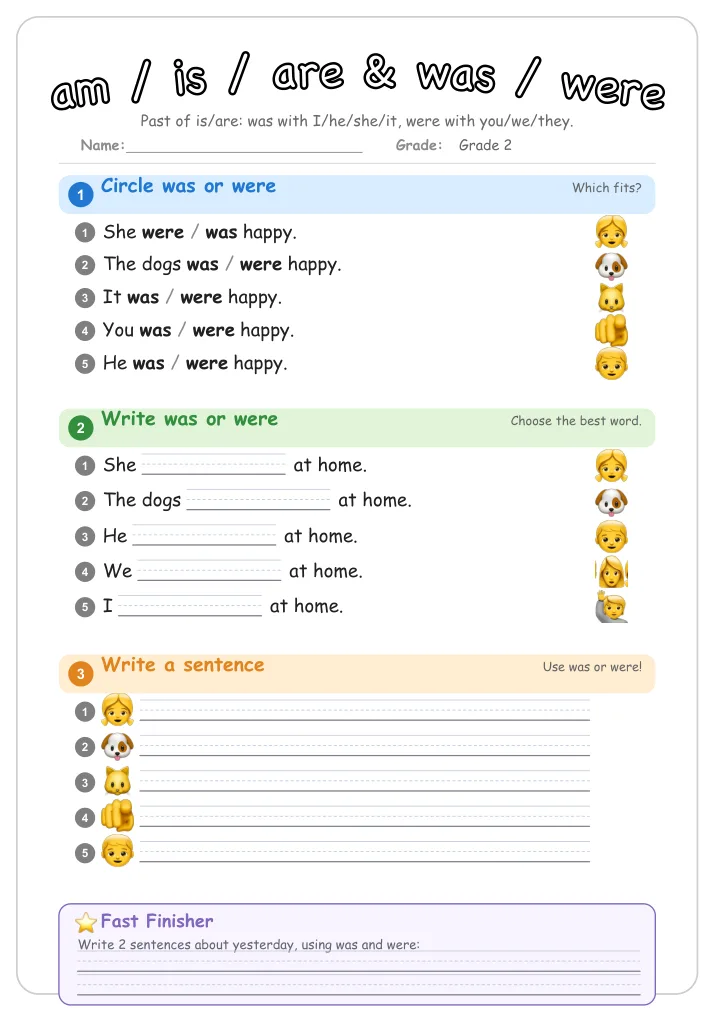 am / is / are & was / were grammar worksheet for Grade 2