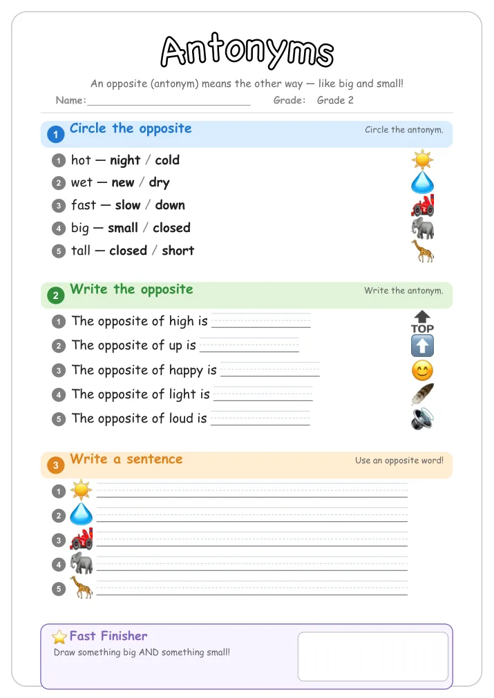 Antonyms grammar worksheet for Grade 2