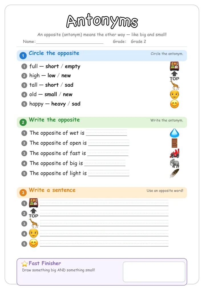 Antonyms grammar worksheet for Grade 2