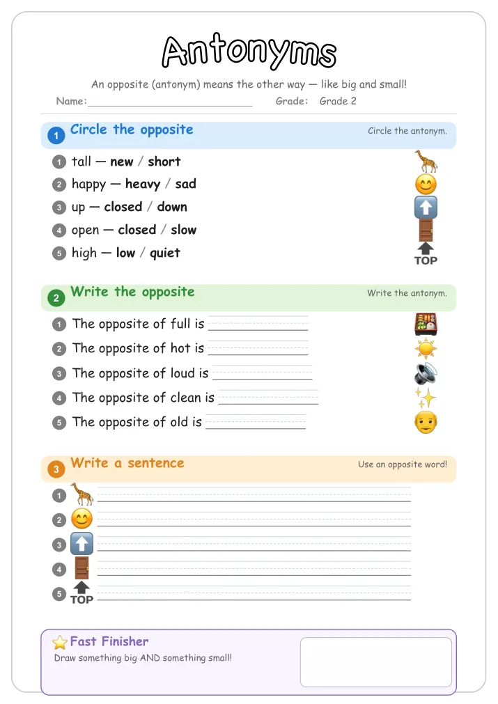 Antonyms grammar worksheet for Grade 2