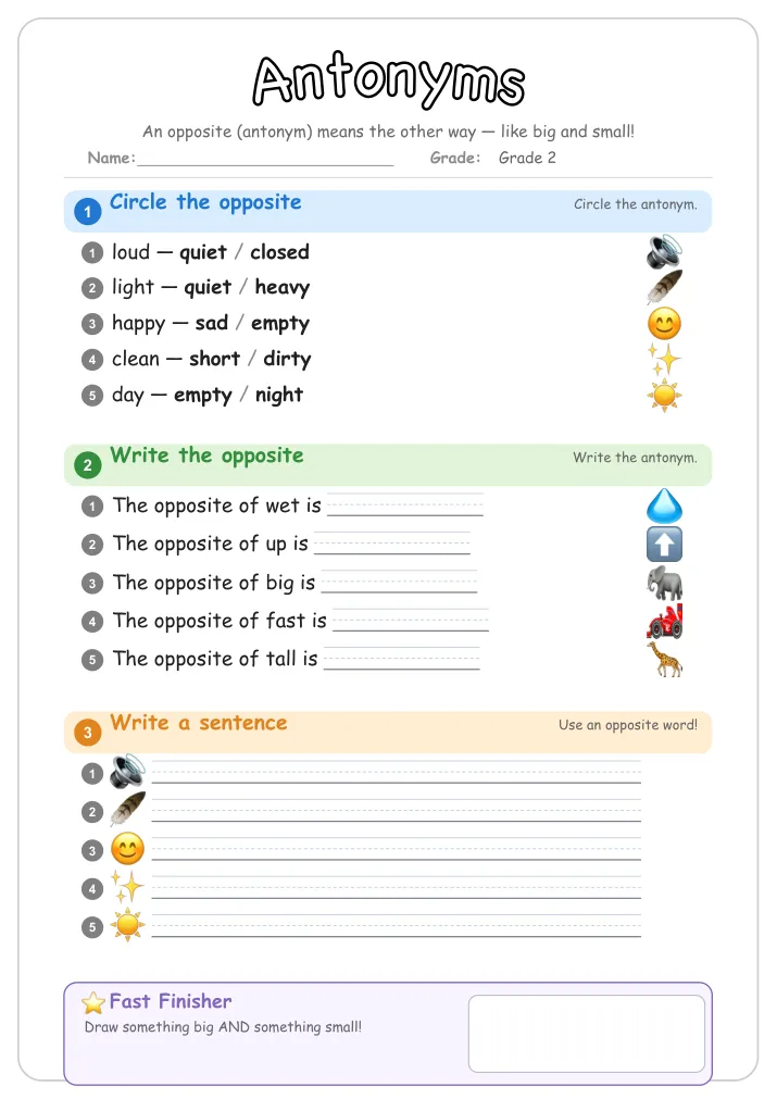 Antonyms grammar worksheet for Grade 2
