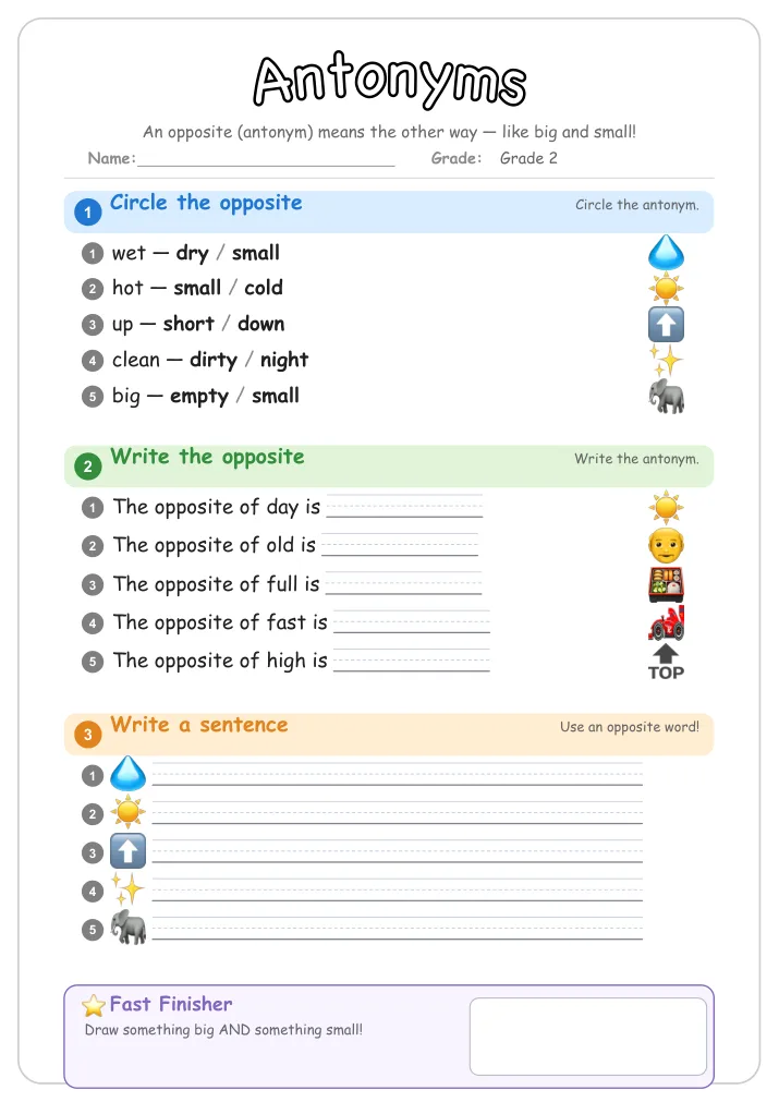 Antonyms grammar worksheet for Grade 2