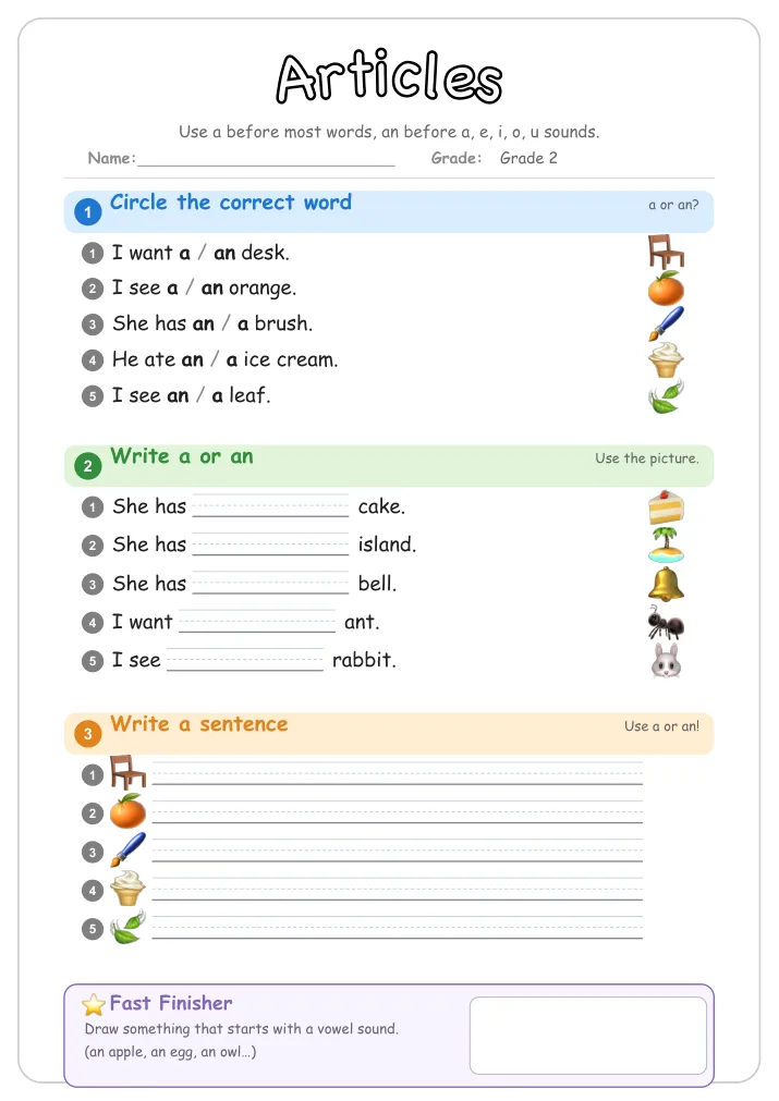 Articles grammar worksheet for Grade 2