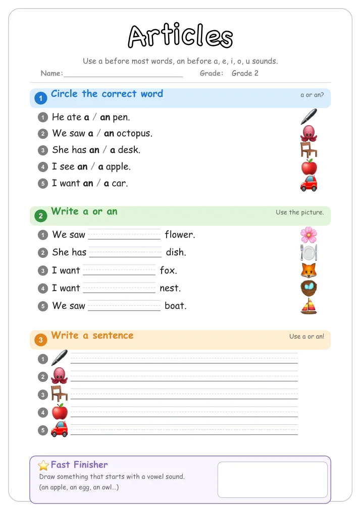Articles grammar worksheet for Grade 2