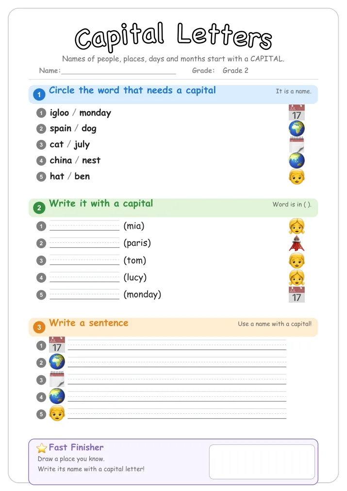 Capital Letters grammar worksheet for Grade 2