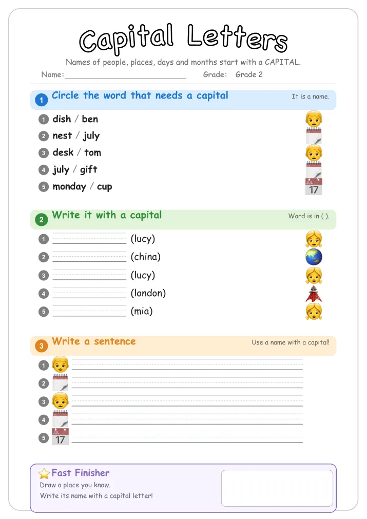 Capital Letters grammar worksheet for Grade 2