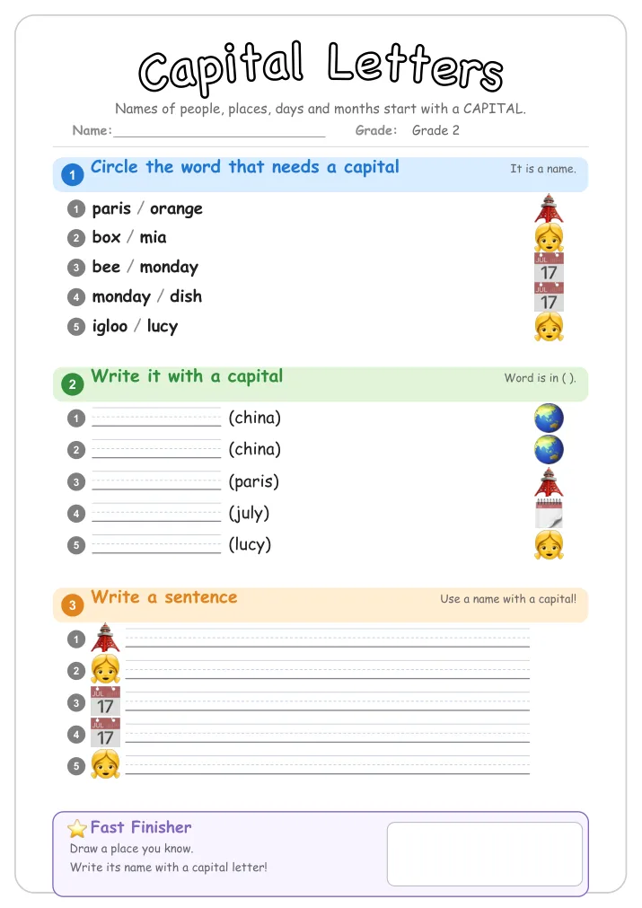 Capital Letters grammar worksheet for Grade 2