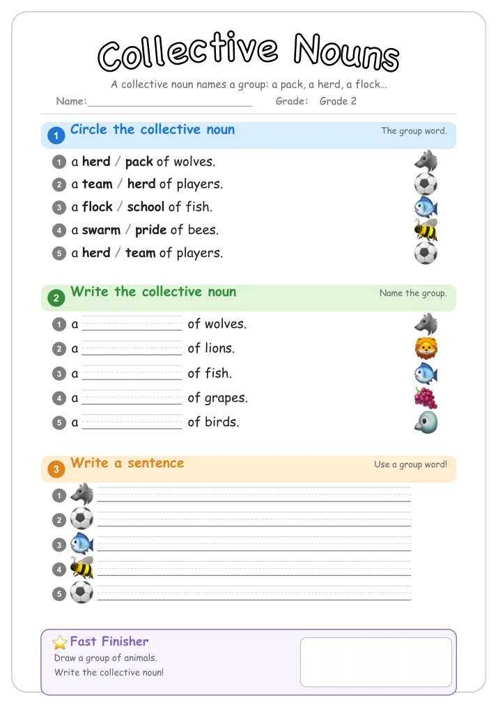 Collective Nouns grammar worksheet for Grade 2
