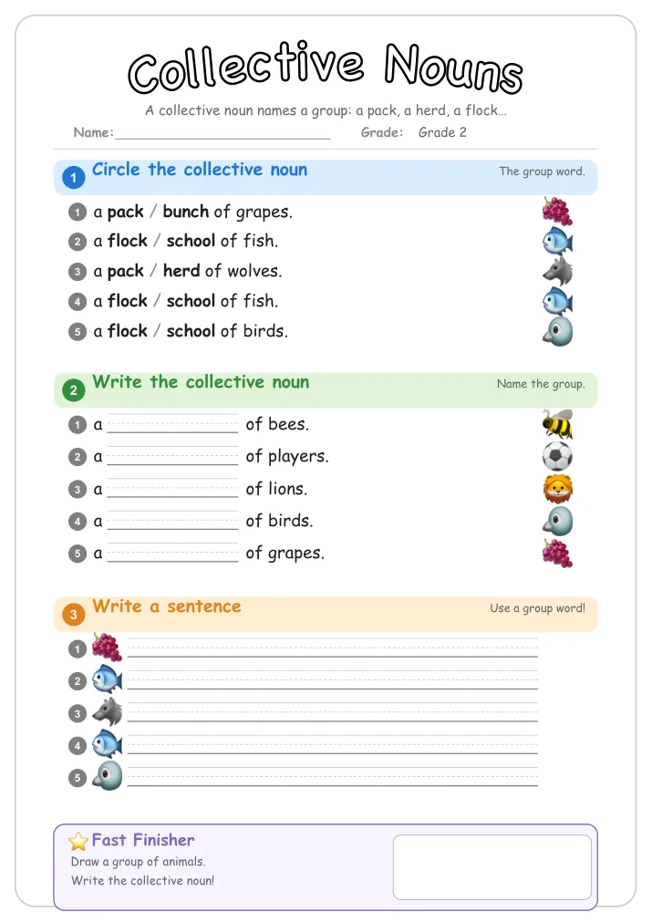 Collective Nouns grammar worksheet for Grade 2
