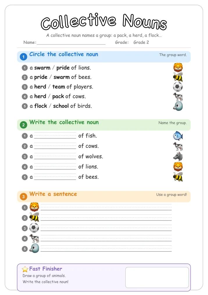 Collective Nouns grammar worksheet for Grade 2