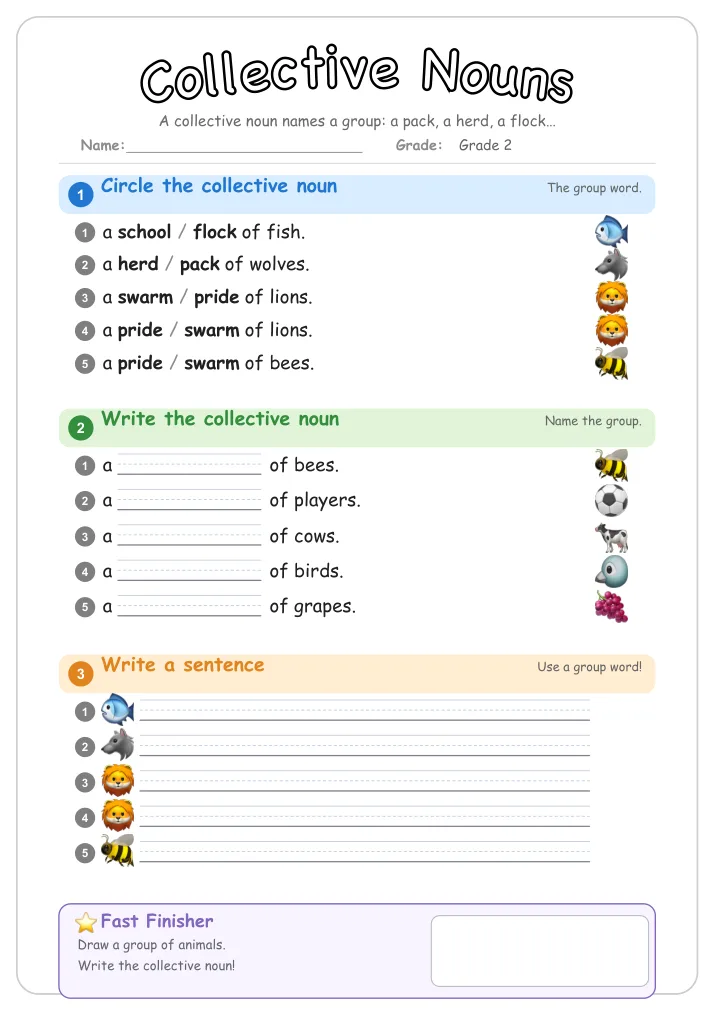 Collective Nouns grammar worksheet for Grade 2