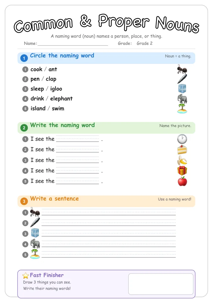 Common & Proper Nouns grammar worksheet for Grade 2