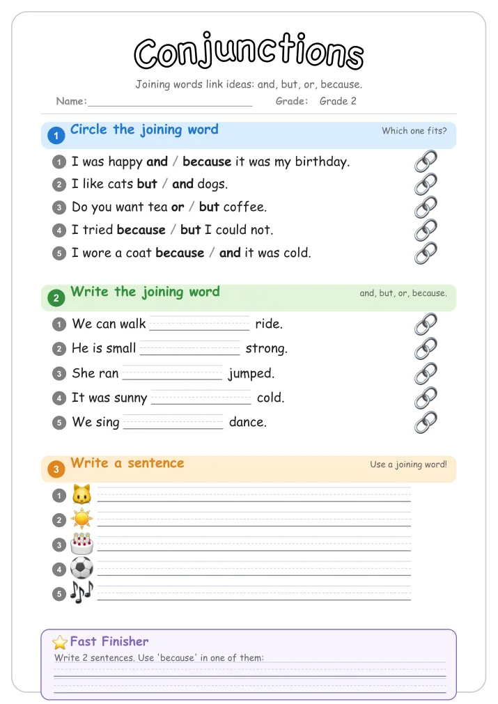 Conjunctions grammar worksheet for Grade 2