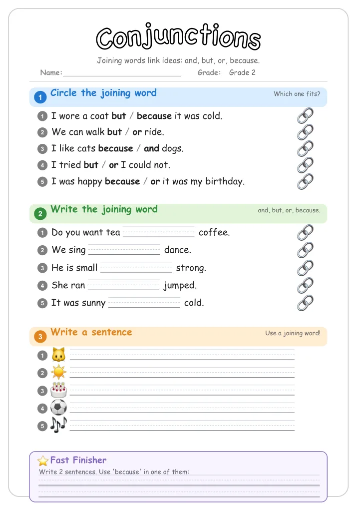 Conjunctions grammar worksheet for Grade 2