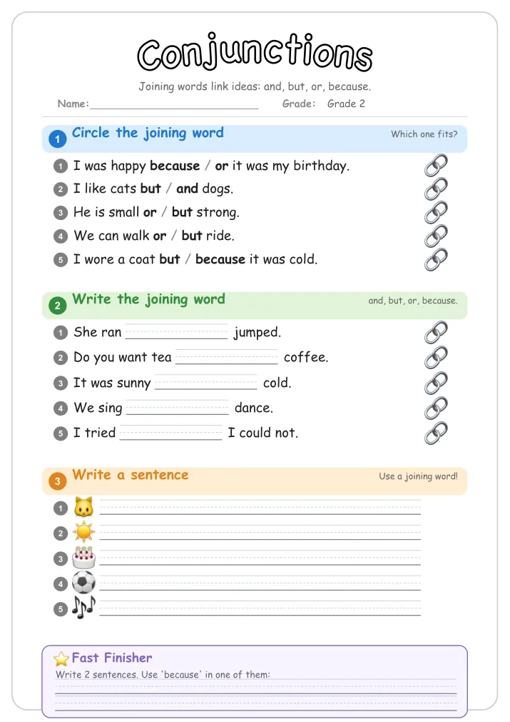 Conjunctions grammar worksheet for Grade 2