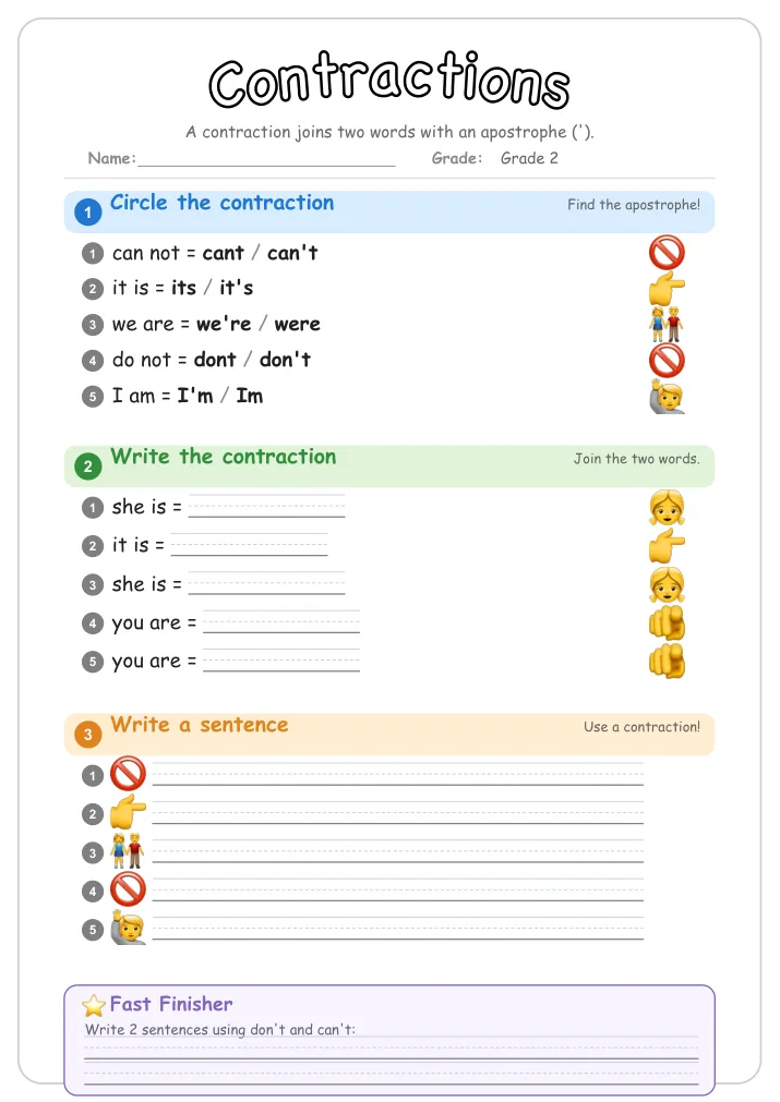Contractions grammar worksheet for Grade 2