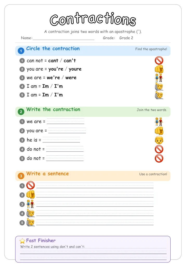 Contractions grammar worksheet for Grade 2