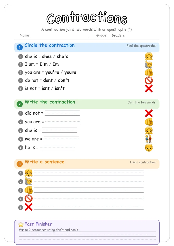 Contractions grammar worksheet for Grade 2