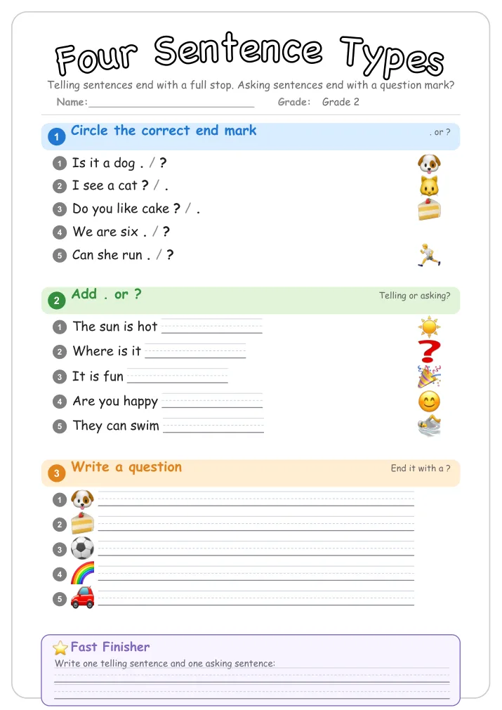 Four Sentence Types grammar worksheet for Grade 2