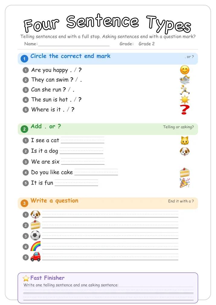 Four Sentence Types grammar worksheet for Grade 2