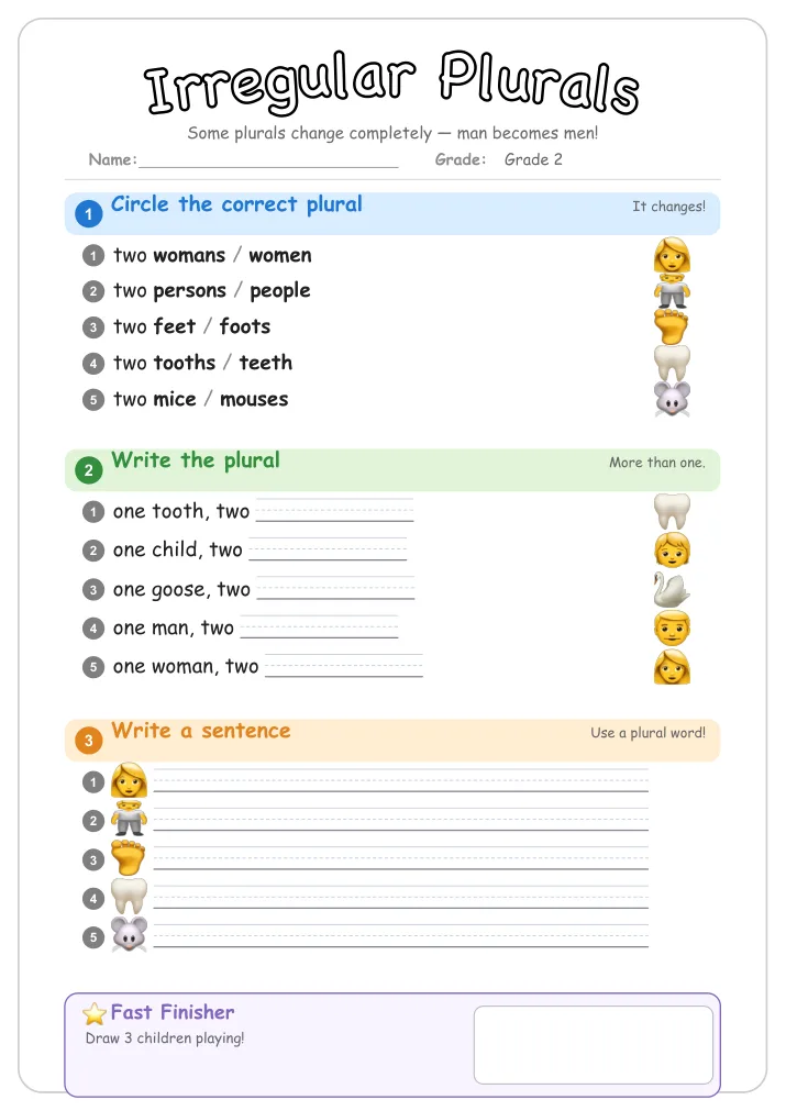 Irregular Plurals grammar worksheet for Grade 2