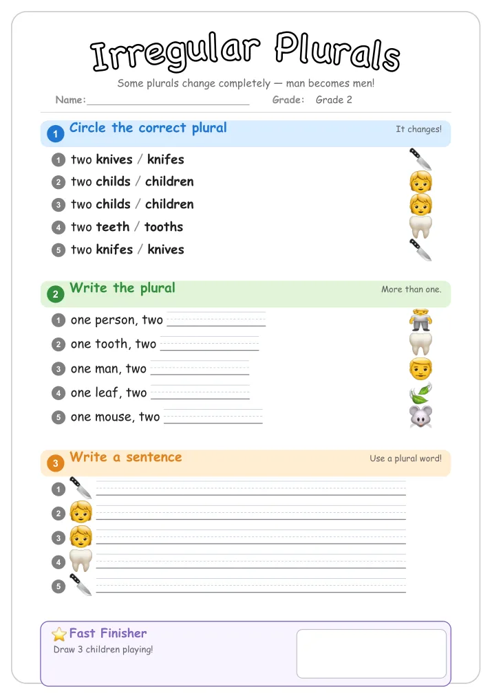Irregular Plurals grammar worksheet for Grade 2