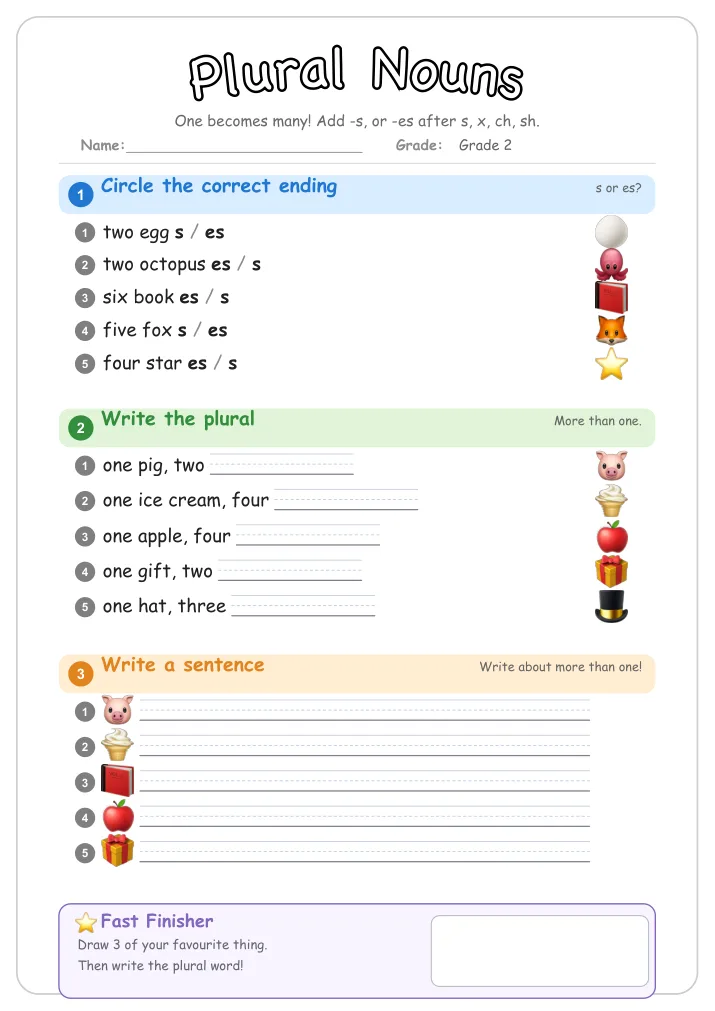 Plural Nouns grammar worksheet for Grade 2