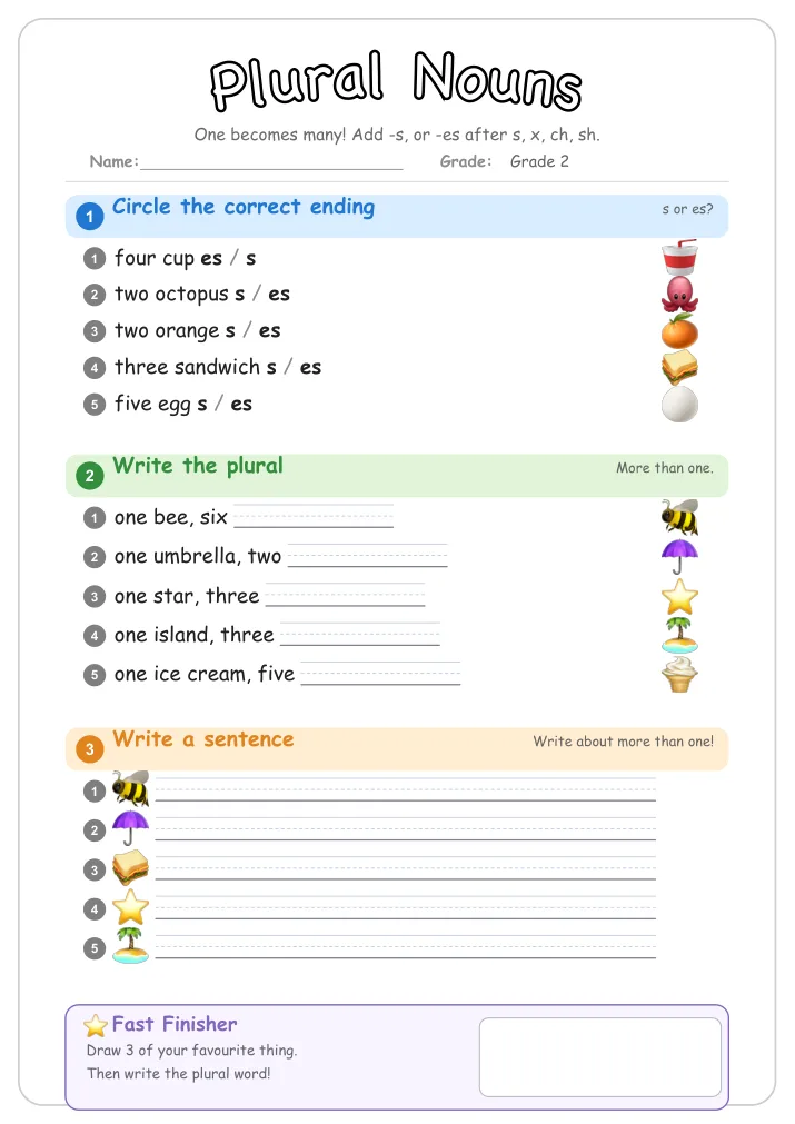 Plural Nouns grammar worksheet for Grade 2