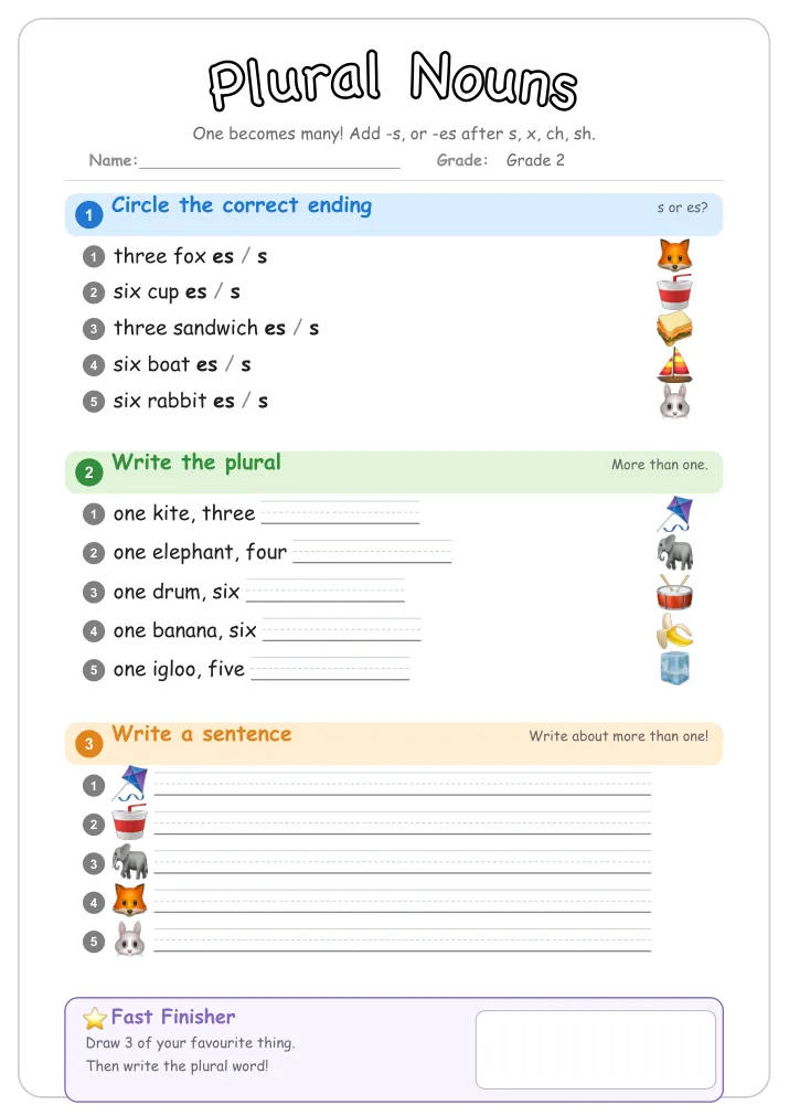 Plural Nouns grammar worksheet for Grade 2