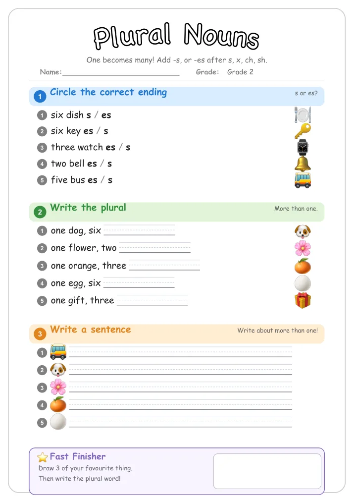 Plural Nouns grammar worksheet for Grade 2