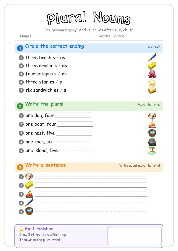 Plural Nouns grammar worksheet for Grade 2