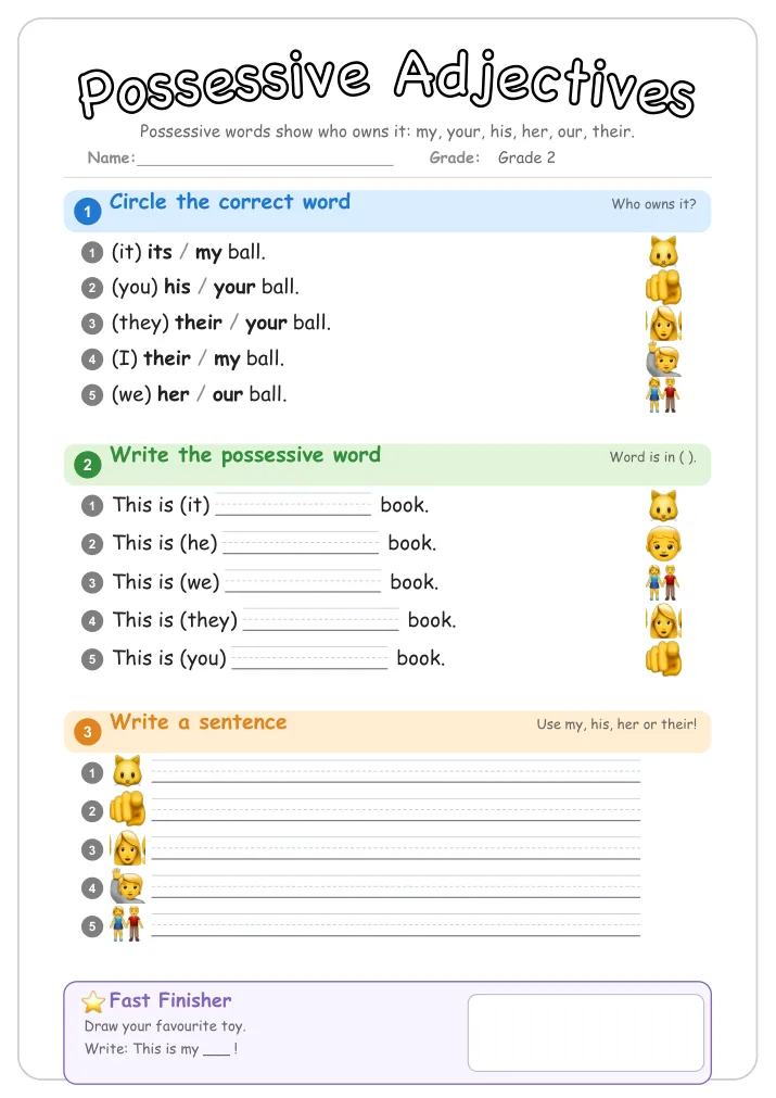 Possessive Adjectives grammar worksheet for Grade 2