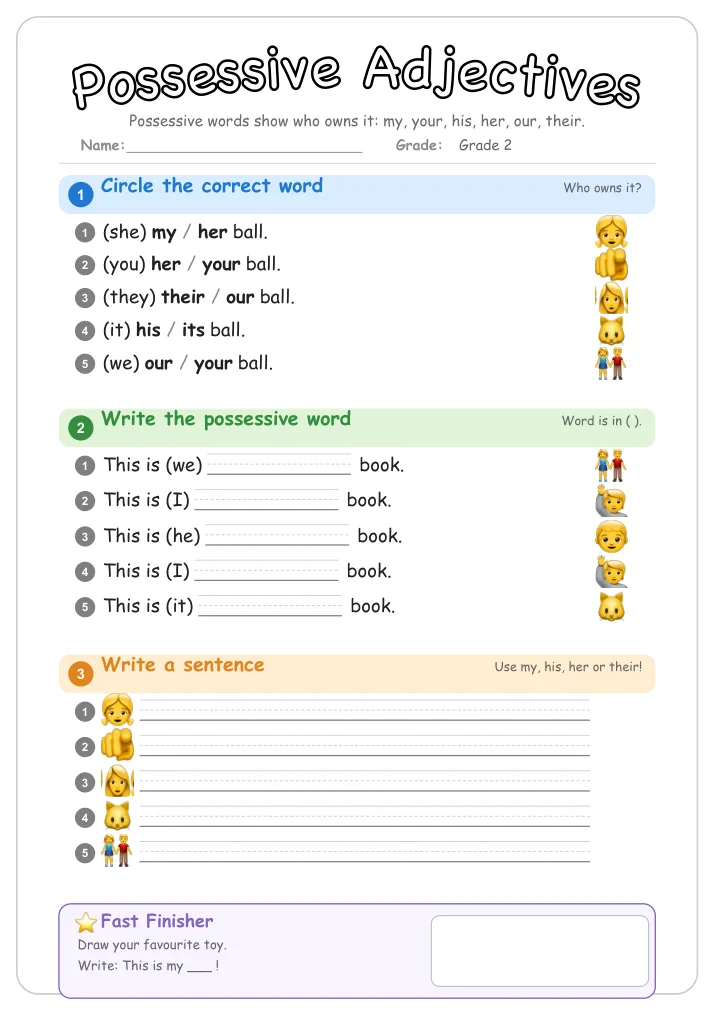 Possessive Adjectives grammar worksheet for Grade 2