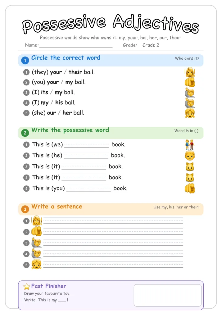 Possessive Adjectives grammar worksheet for Grade 2