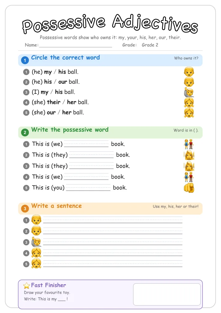 Possessive Adjectives grammar worksheet for Grade 2