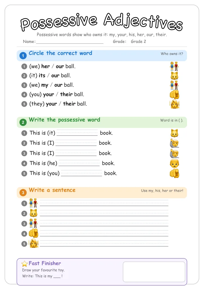 Possessive Adjectives grammar worksheet for Grade 2